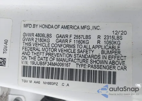 2021 Acura Tlx Standard z USA, uszkodzony, nr VIN 19UUB5F34MA006167